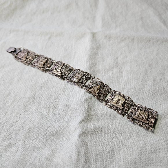Vintage Paris France Silver Plated Filigree Panel Link Souvenir Bracelet 40s 50s - Picture 3 of 7